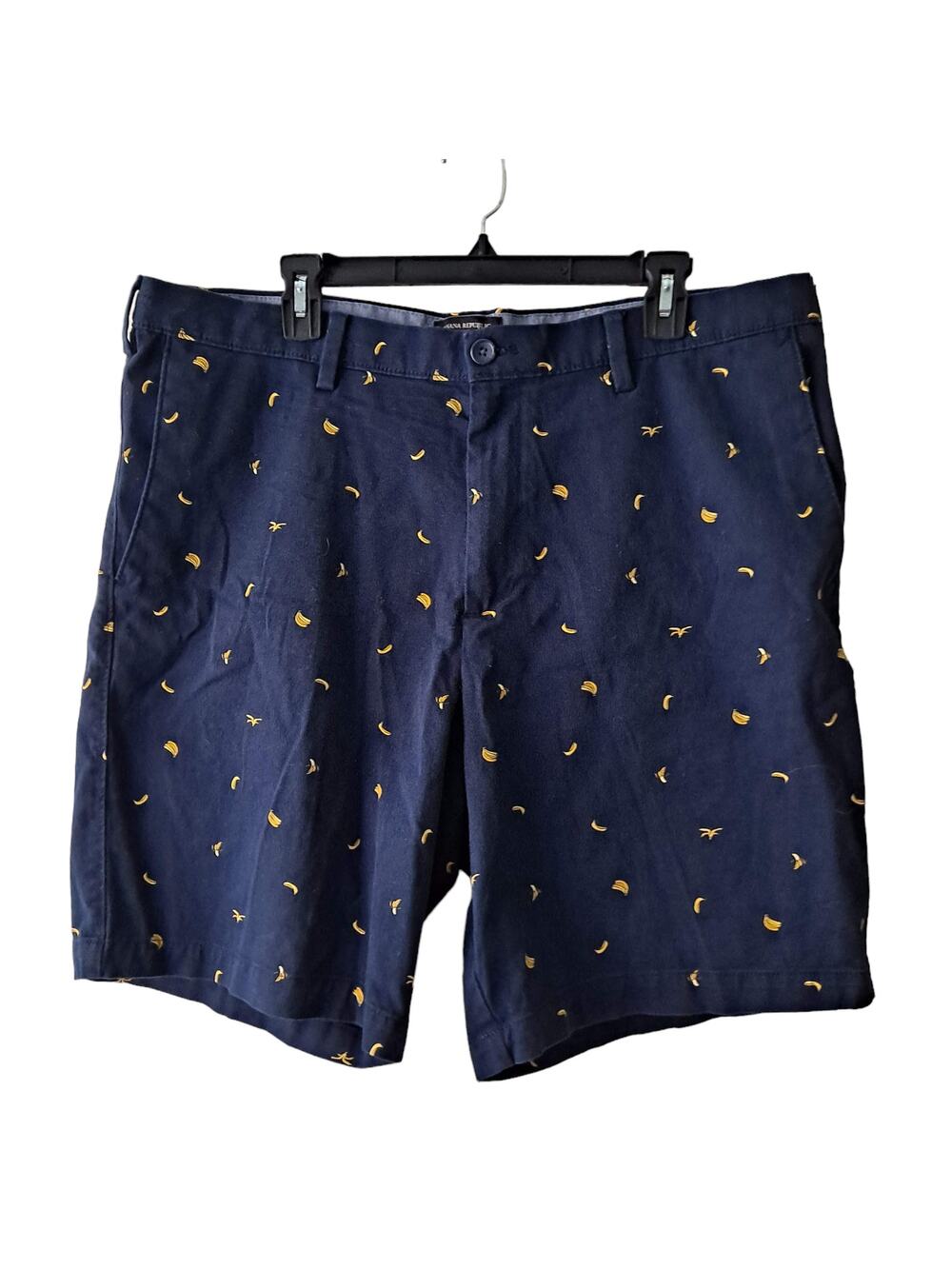 Banana Republic Mens Navy & Yellow Banana Graphic Aiden Shorts w Pockets- Sz 38